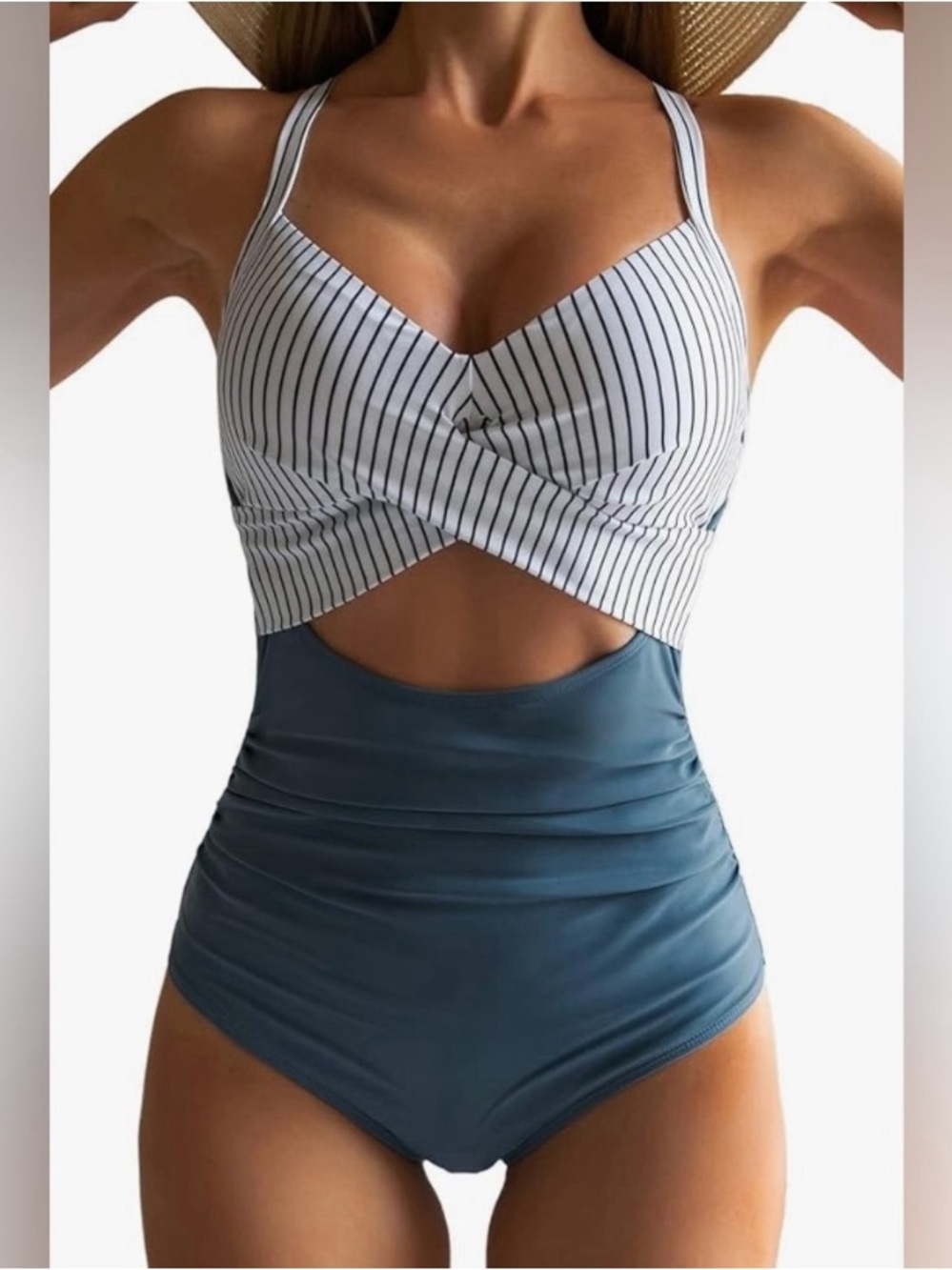 Striped White & Blue Cutout One-Piece Swimsuit